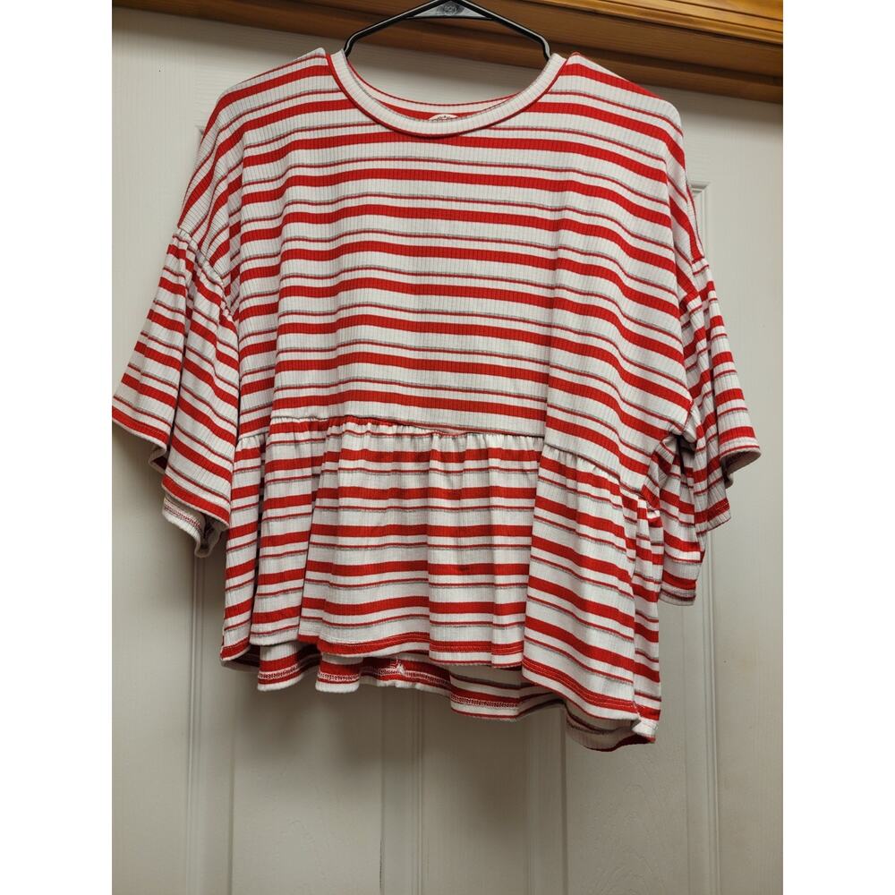 Revive Red White Striped Ribbed Babydoll Peplum Top Oversized XL Boutique